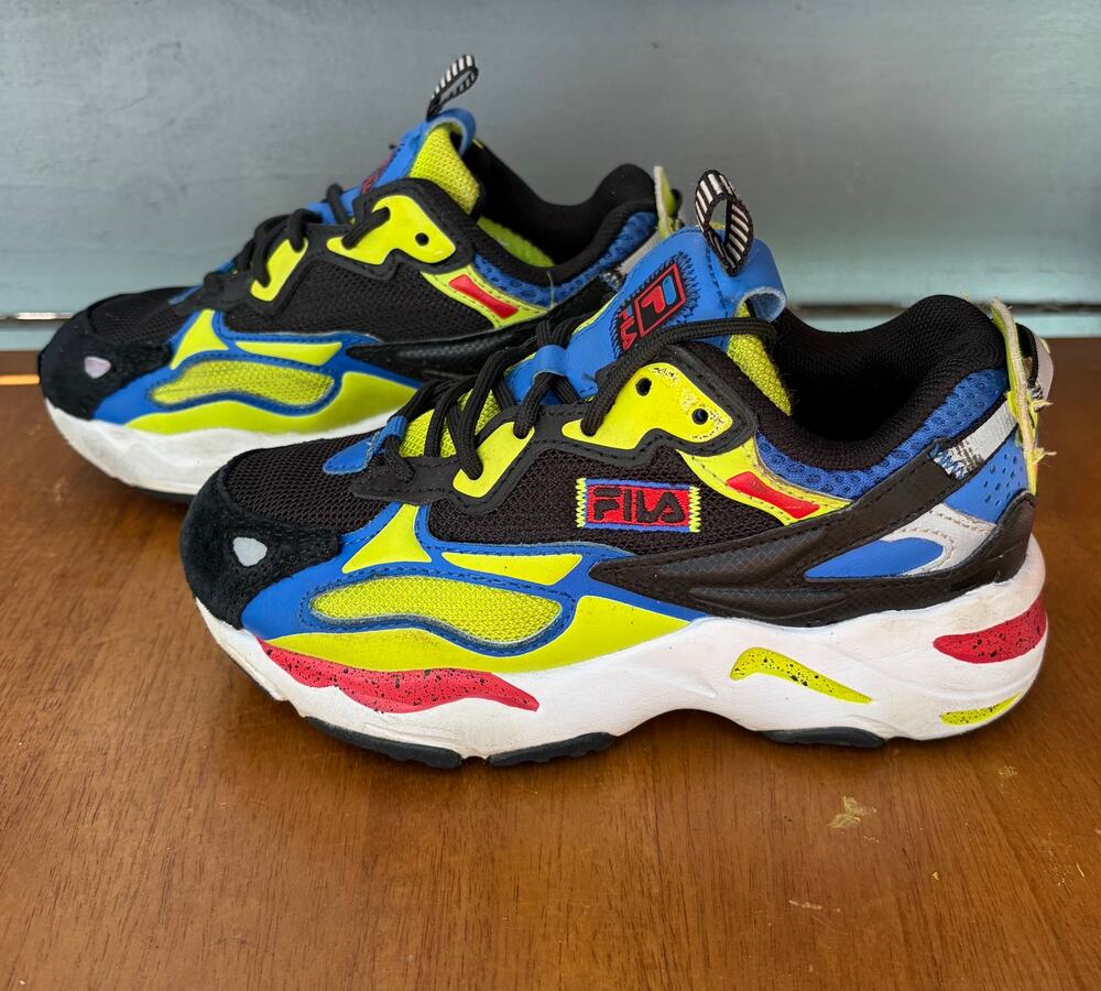 FILA Ray Tracer Chunky Sneakers Kids 13.5 Neon Yellow Blue Dad Shoes